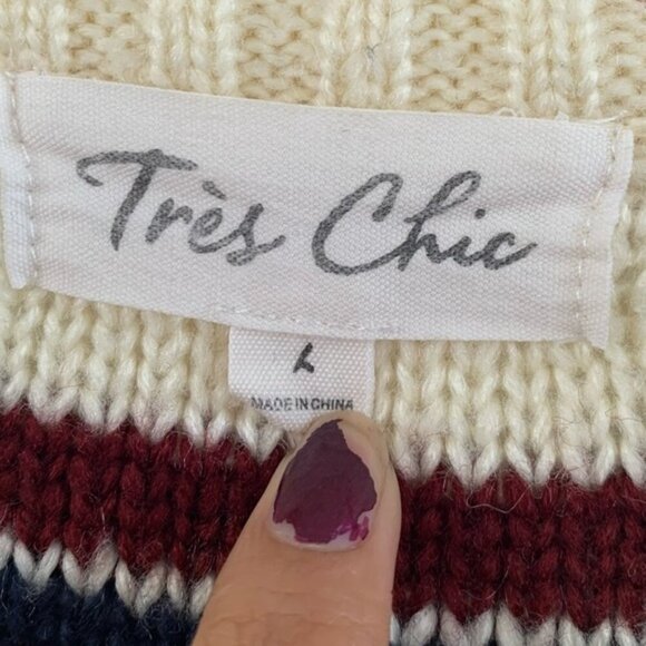 Tres Chic cream navy burgundy striped knitted chunky sweater size Large - Picture 3 of 4